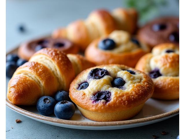 Assortment of fresh croissants, muffins, and danishes for a breakfast catering spread.