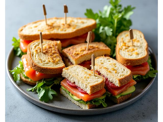 Platter of gourmet sandwiches and wraps cut in half, showcasing fresh ingredients.