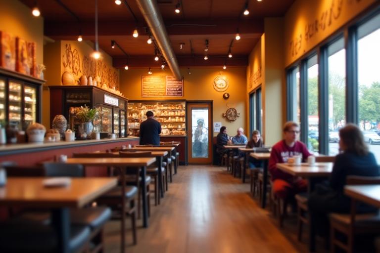 Warm and inviting interior of Artisan Hearth cafe with customers enjoying their coffee