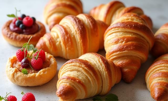 Assortment of golden-brown handmade pastries including croissants and danishes