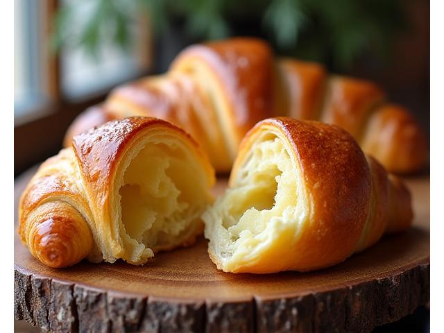 Flaky golden croissant on a wooden board