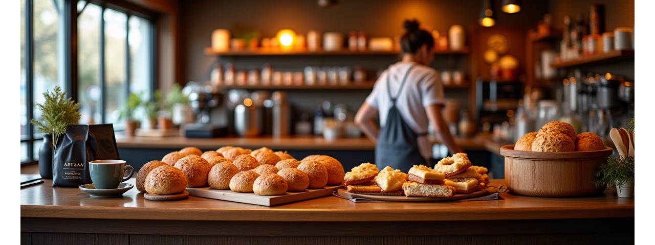 Artisan Hearth bar with coffee, pastries and warm lighting
