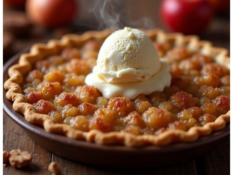 Warm apple crumble pie with a scoop of vanilla ice cream