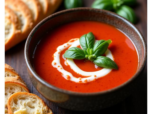 A bowl of creamy tomato soup with a side of bread