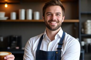 Portrait of Declan Brennan, head coffee roaster and barista at Artisan Hearth, holding a carefully crafted latte.