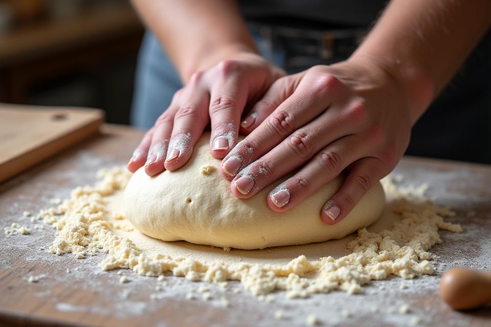 Baker's hands kneading artisanal bread dough with flour, representing traditional baking techniques at Artisan Hearth.
