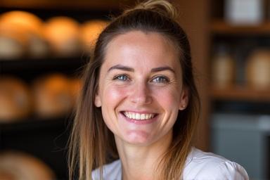Portrait of Fiona O'Malley, head baker and founder of Artisan Hearth, smiling warmly.